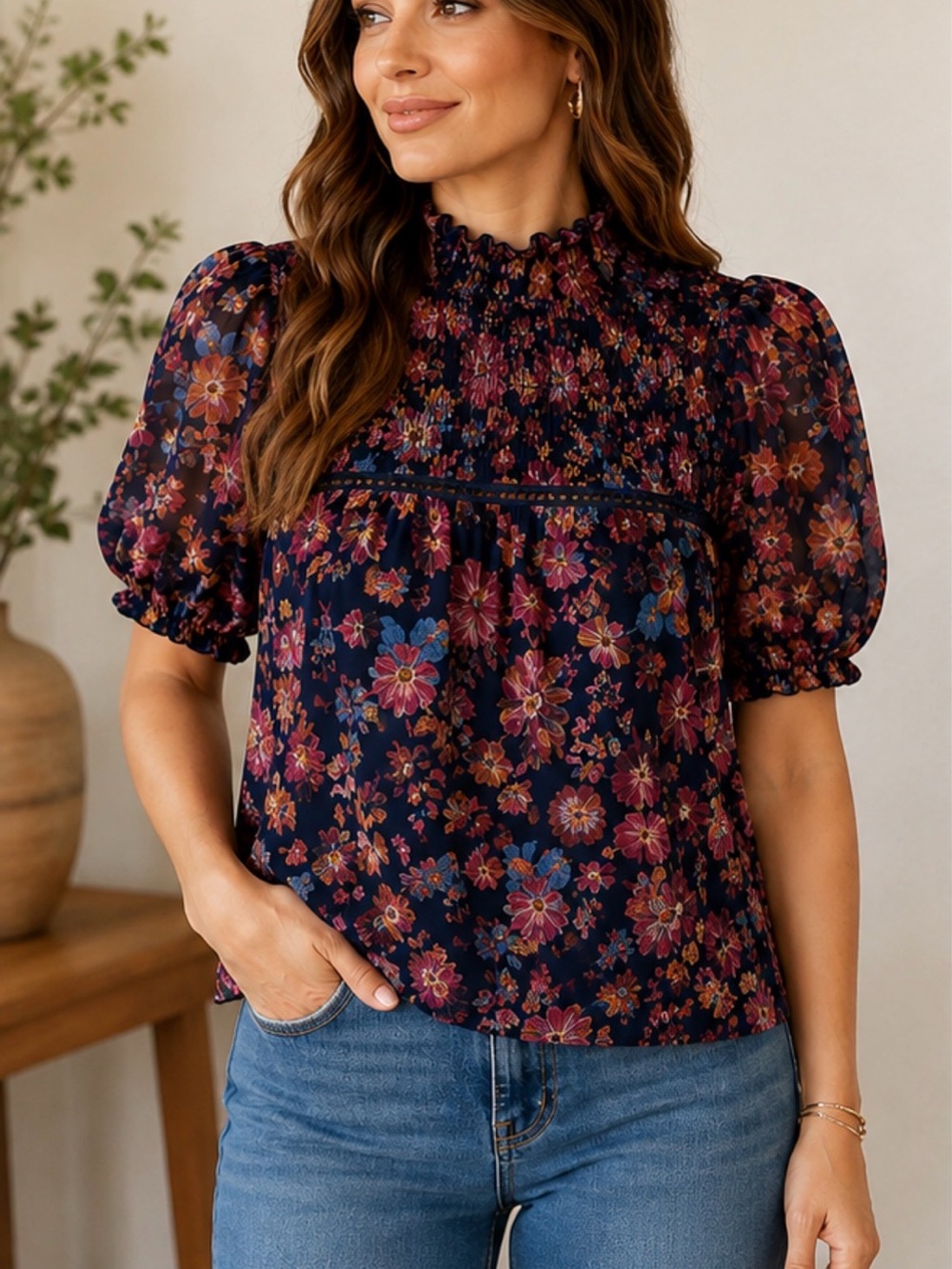 THML Navy Floral Smocked Puff Sleeve Blouse